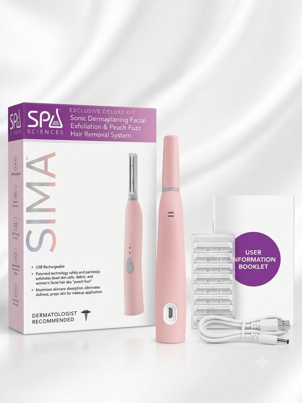 SIMA Pink Sonic Dermaplaning Facial Exfoliator and Peach Fuzz Hair Remover